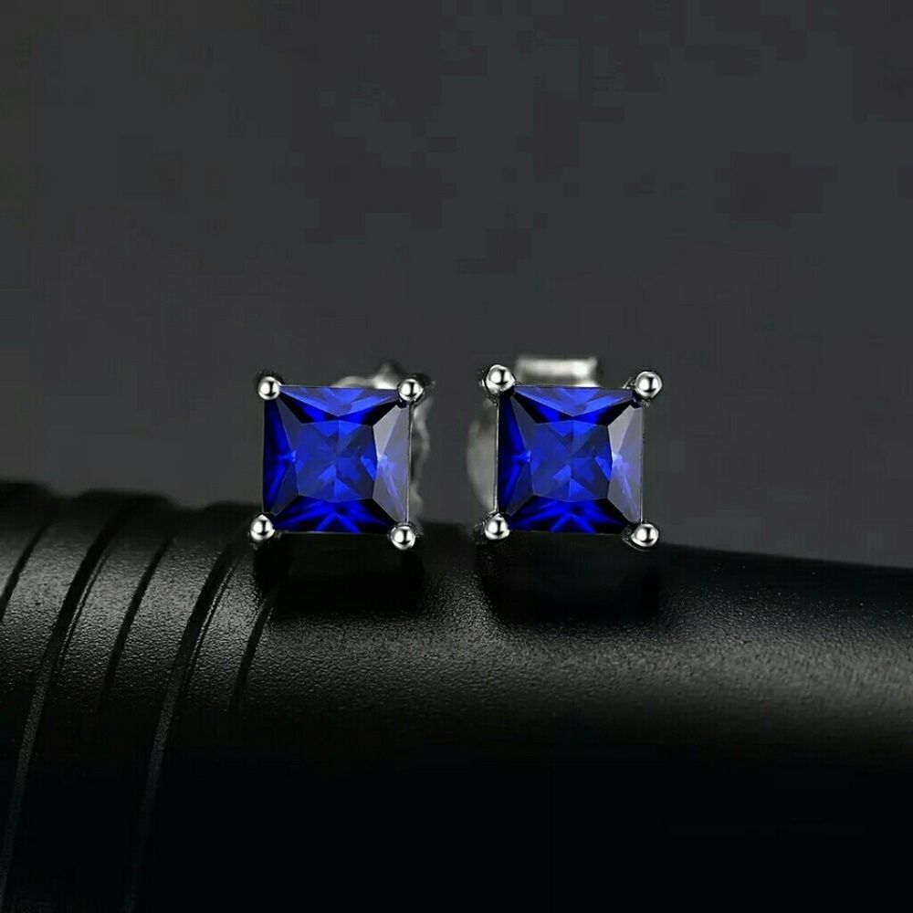 Created Sapphire Princess Cut Earrings 4mm Sterling Silver - Picture 2 of 5
